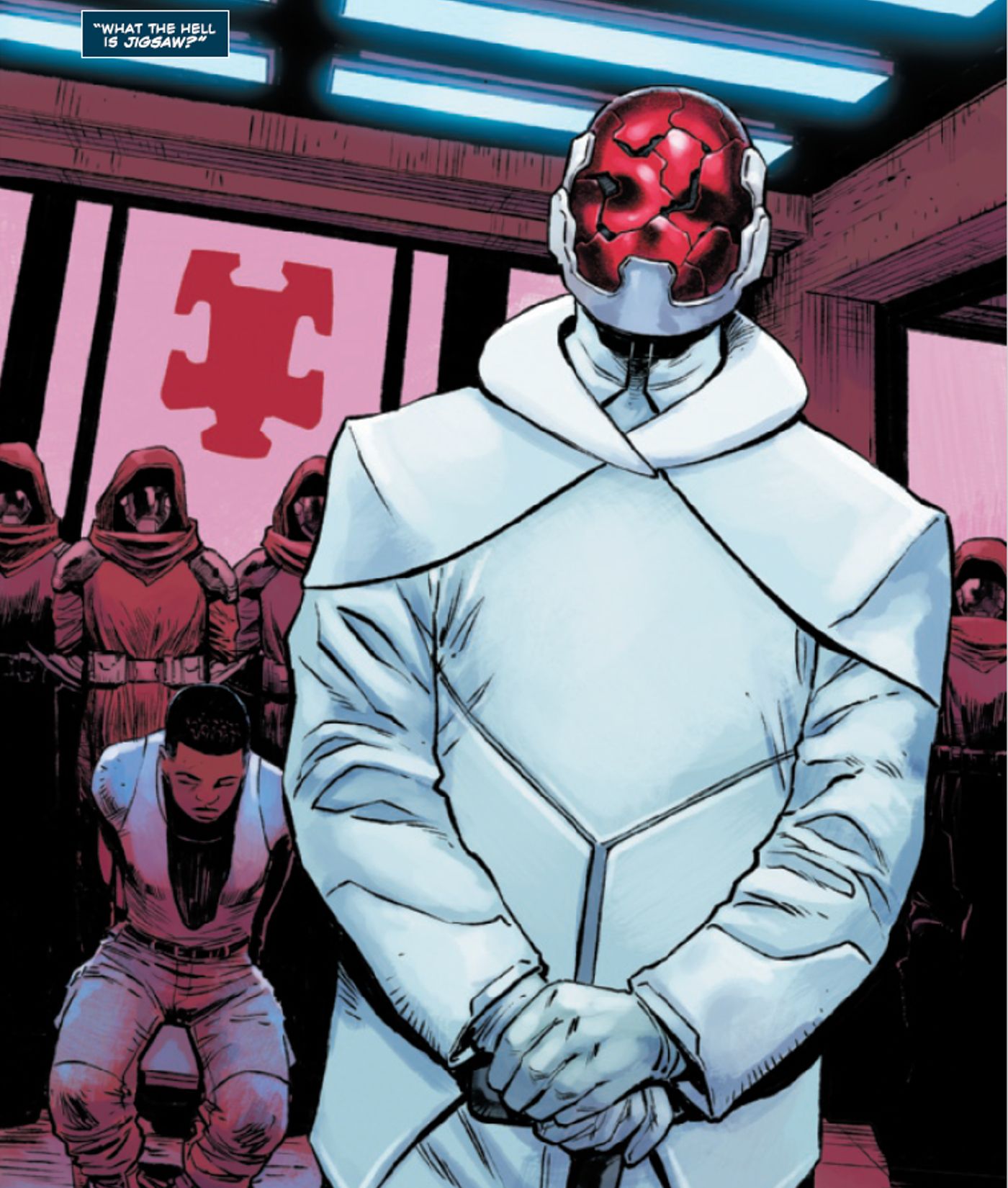 o enigmático novo quebra-cabeça da Marvel em uma sala aparentemente dedicada a ele enquanto o aliado do Justiceiro está amarrado