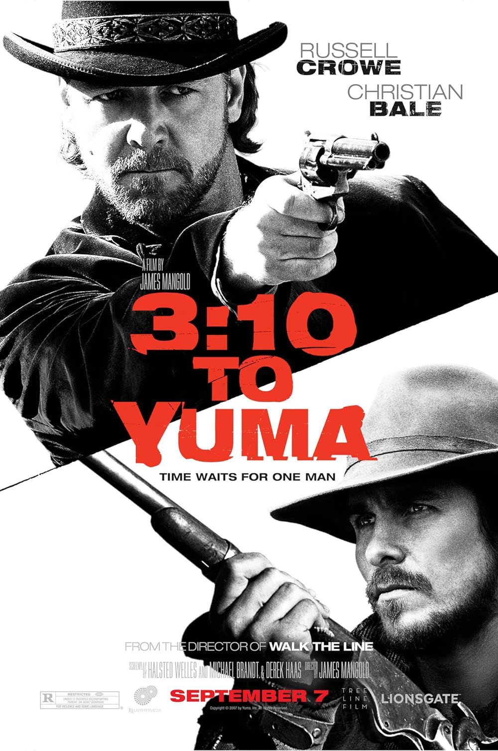 Russell Crowe and Christian Bale wielding guns on the poster of 3 10 to Yuma