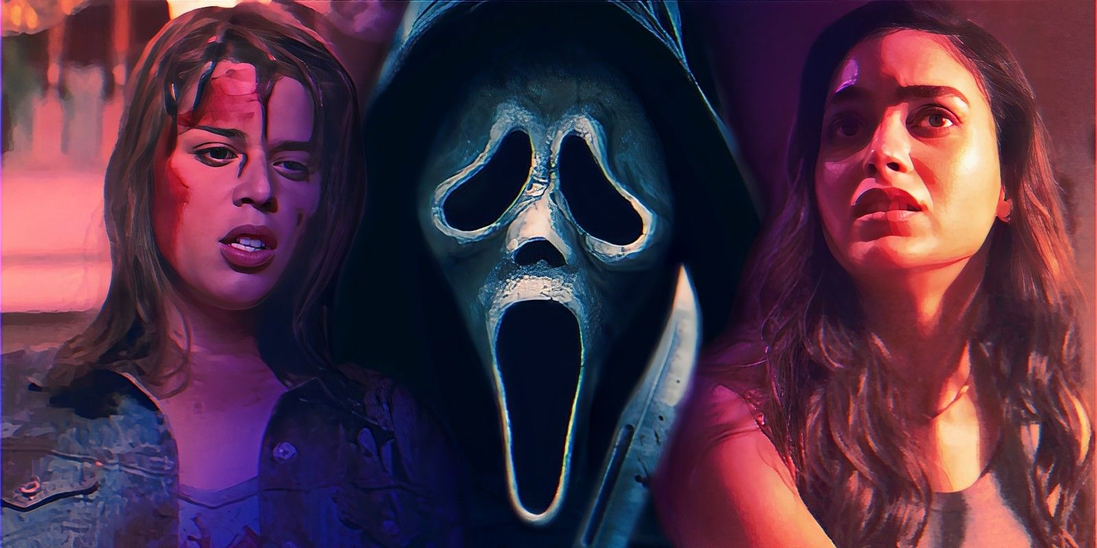 Scream’s Sidney Prescott and Scream 5’s Sam Carpenter alongside Ghostface closeup.