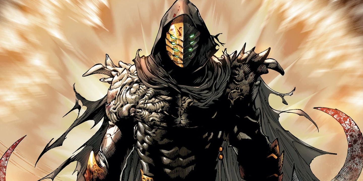 Odysseus holding out his sickle blades with an orange aura behind him from DC Comics