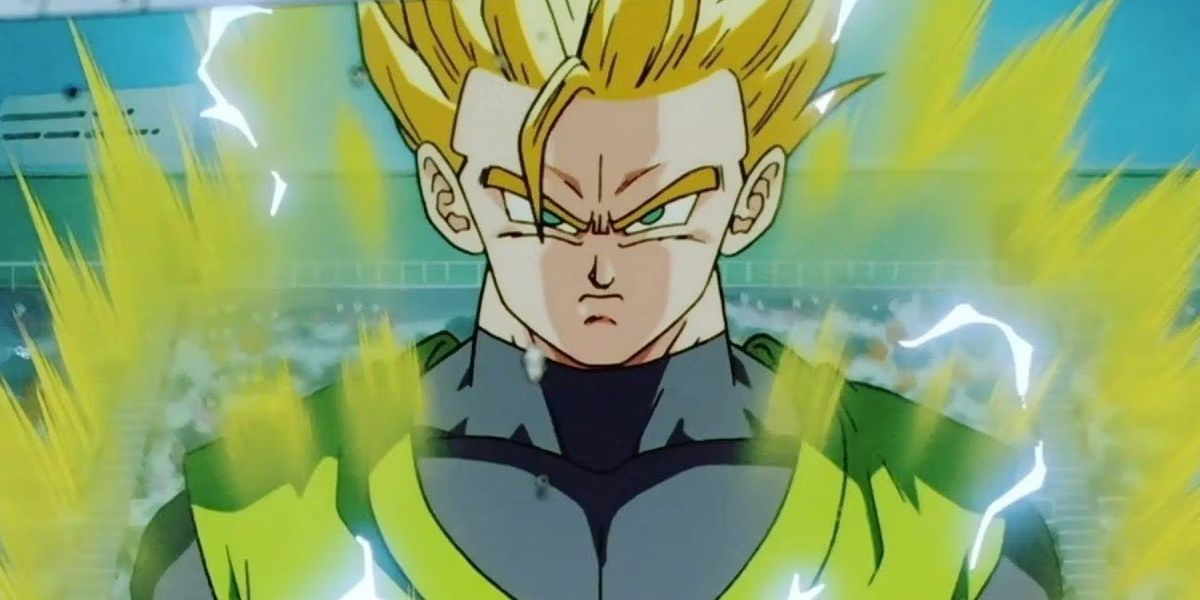Gohan powers up while wearing a black and yellow uniform