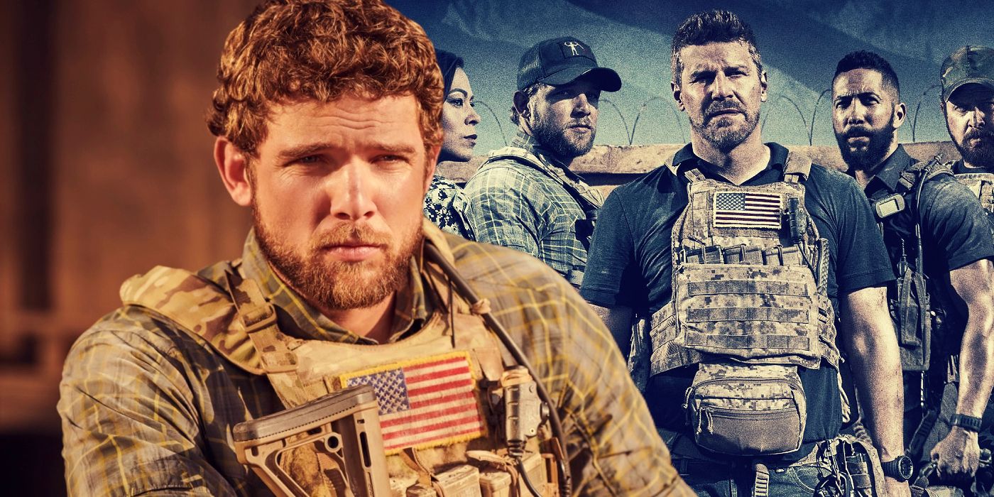 Split: Max Thieriot as Clay; the cast of SEAL Team