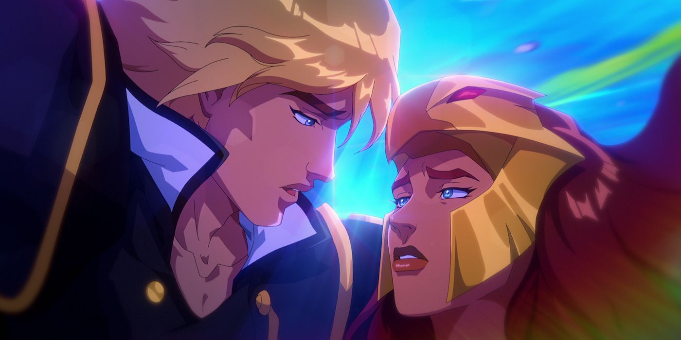 He-Man and Teela are about to kiss in Masters of the Universe: Revolution