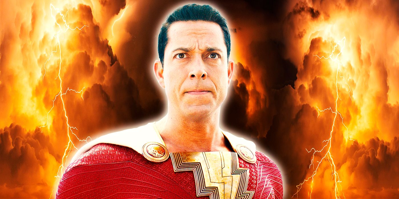 Zachary Levi's Shazam in front of an explosion.