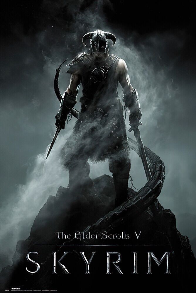 Skyrim cover art featuring an armored Dragonborn atop a craggy mountain