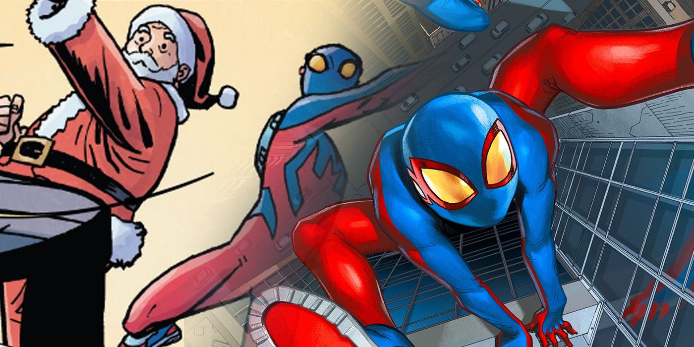Spider-Boy subindo em um prédio e se juntando ao Papai Noel ao fundo
