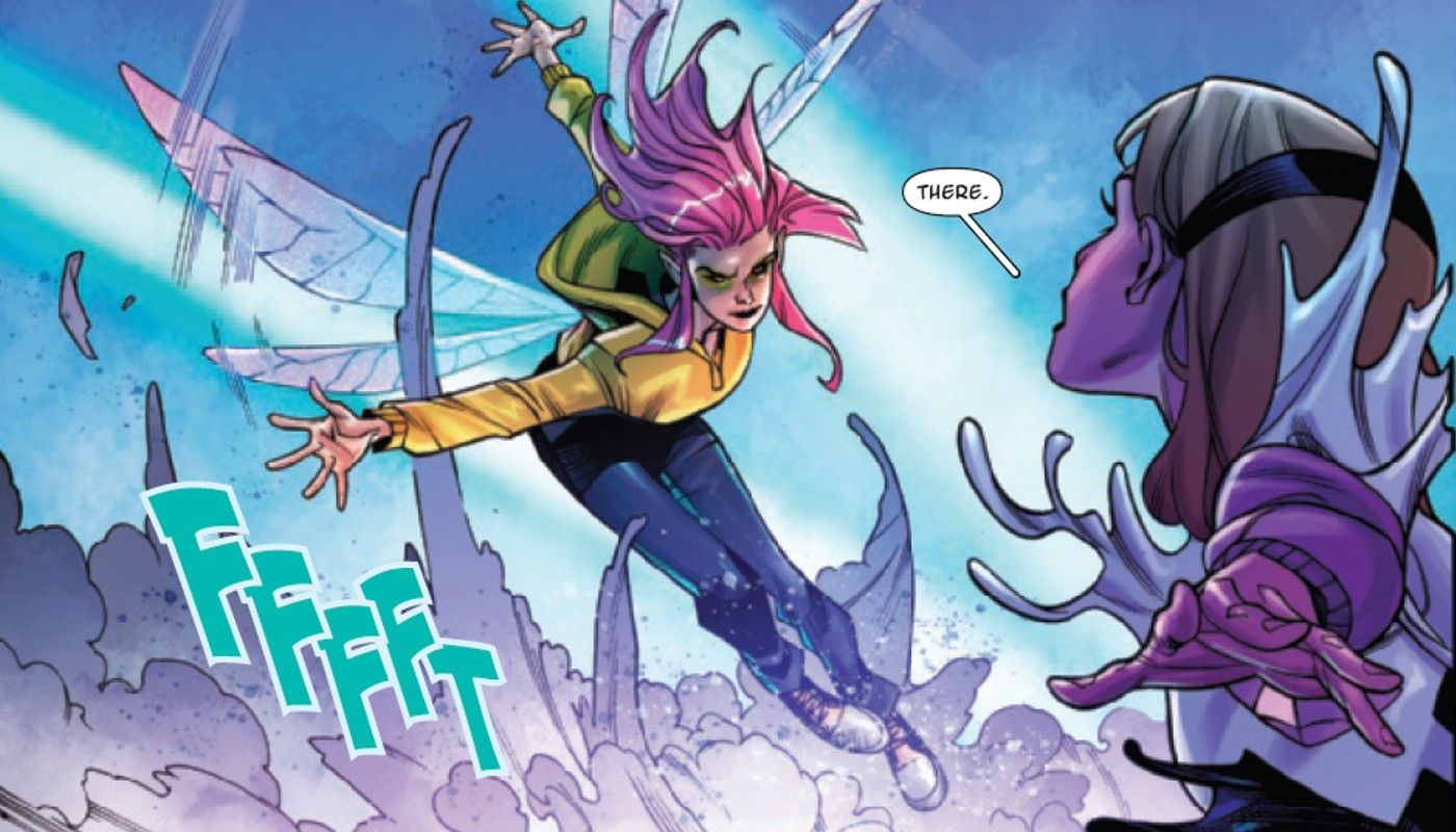 uma alternativa Megan Gwynn, também conhecida como duende, com verde ao redor dos olhos atacando Spider-Gwen
