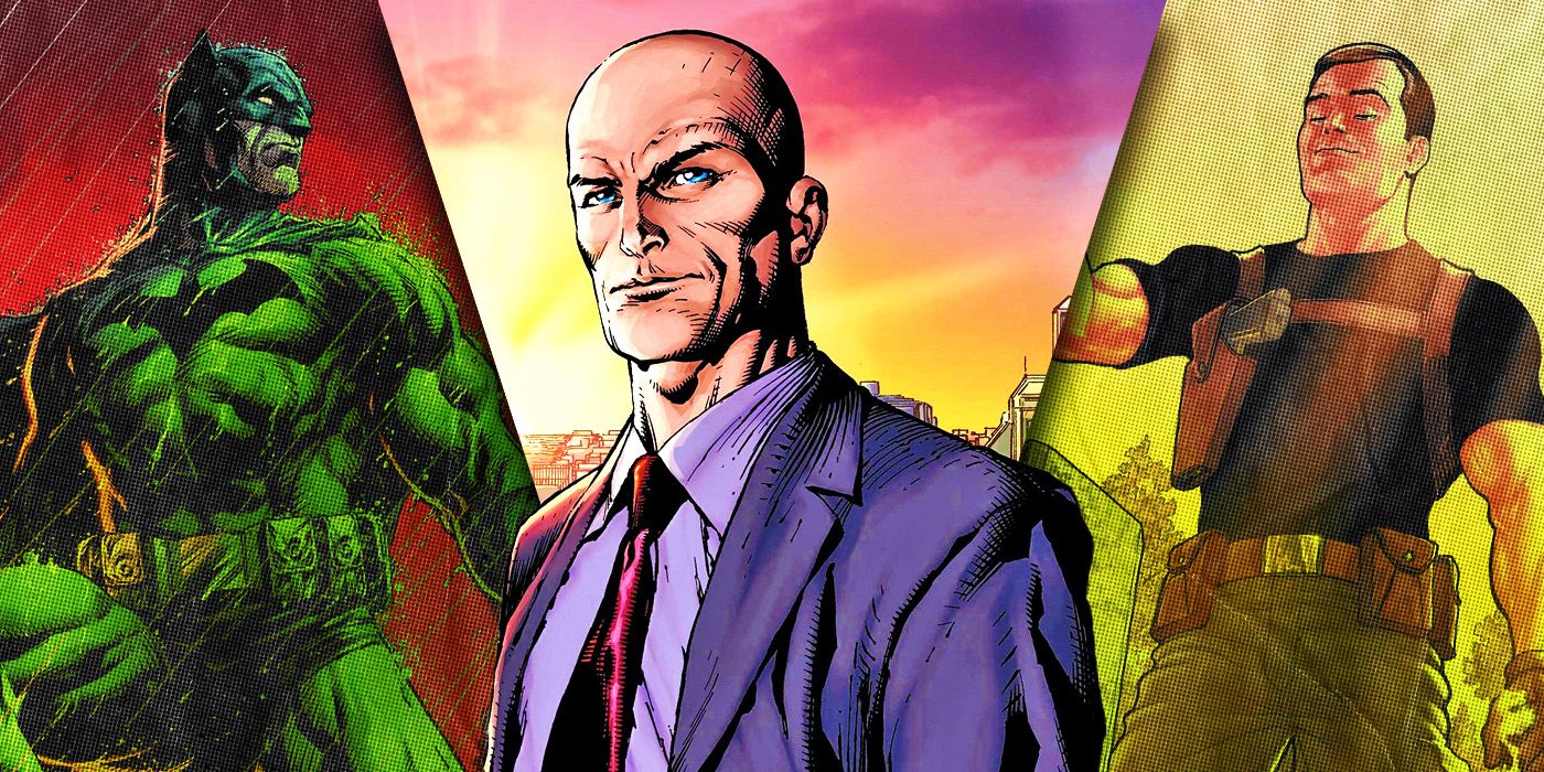 Split Images of Batman, Lex Luthor, and Maxwell Lord