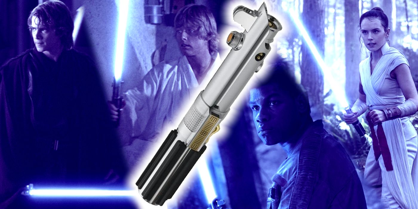 The Skywalker lightsaber in front of Anakin Skywalker, Luke Skywalker, Finn and Rey Skywalker.