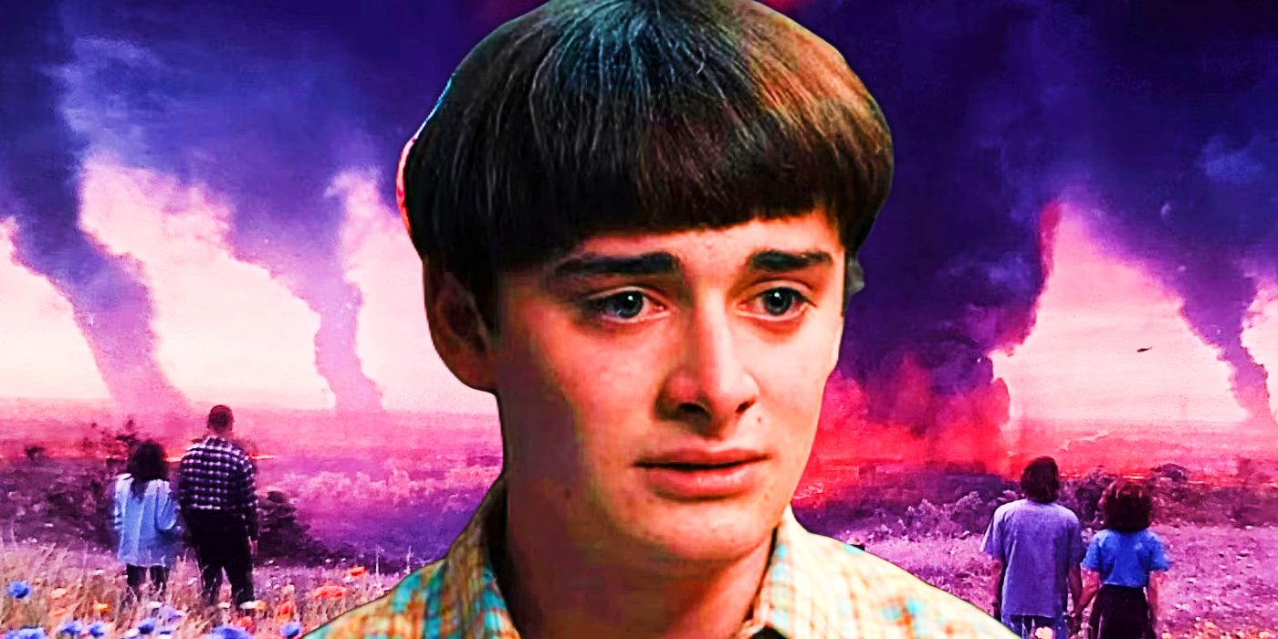 Will (Noah Schnapp) in Stranger Things with the world burning behind him