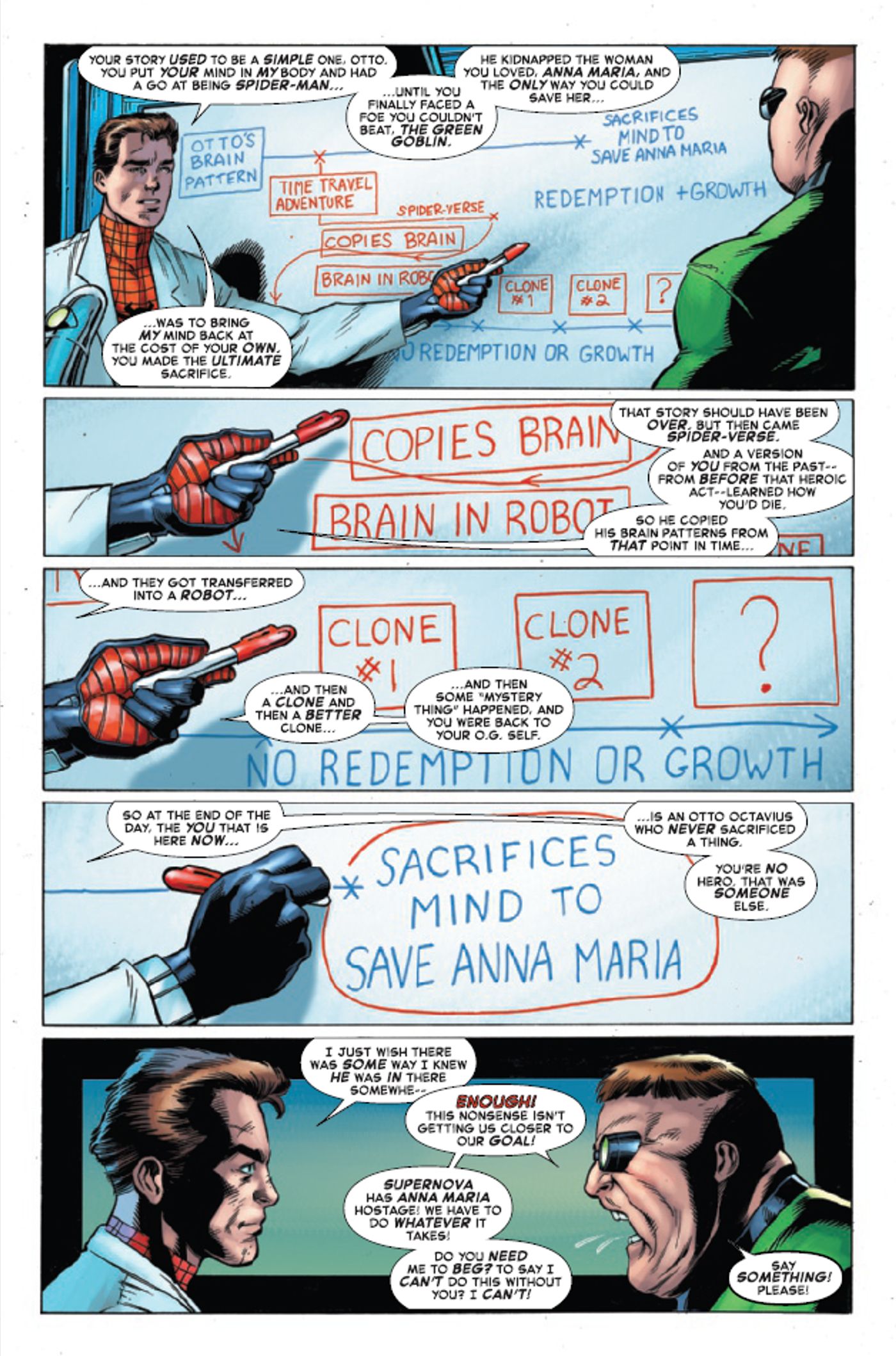 Peter Parker explicando a linha do tempo do Doutor Octopus como o Homem-Aranha superior e por que isso não faz dele um herói