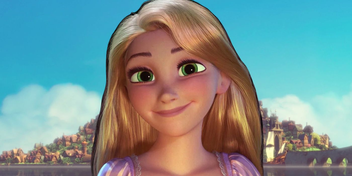 Tangled's Rapunzel smiling with the kingdom behind her