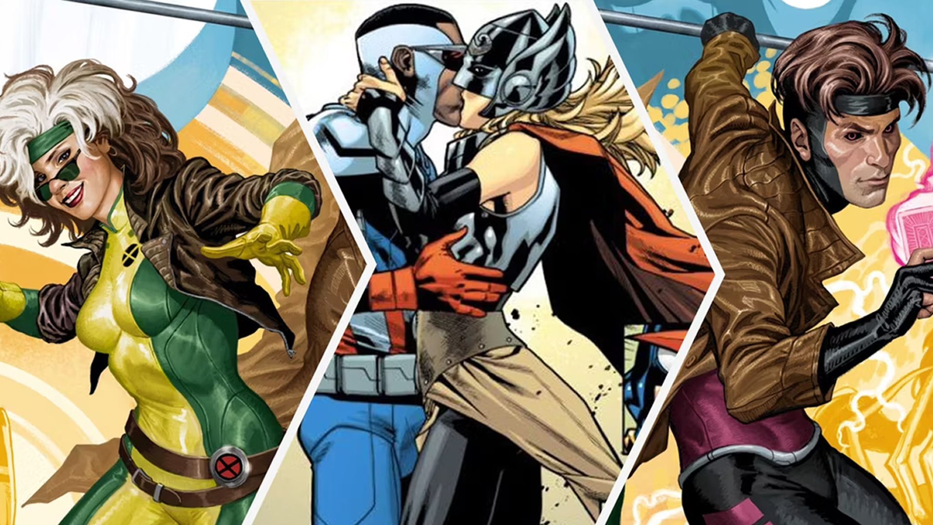 A split image featuring Rogue, Captain America (Sam Wilson) kissing Thor (Jane Foster), and Gambit
