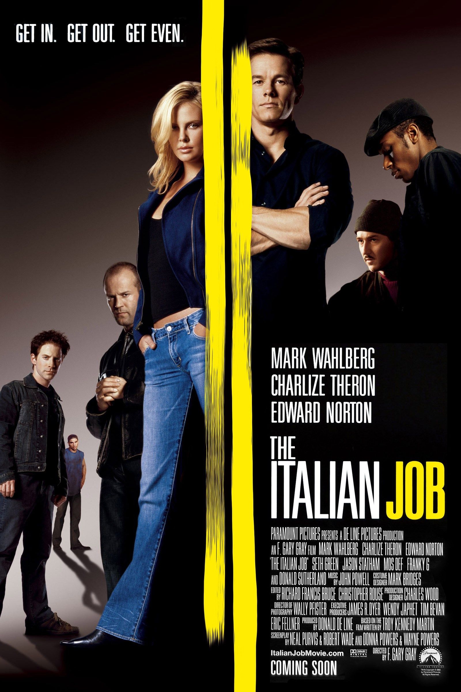Charlize Theron, Mark Wahlberg, Seth Green, Edward Norton, Jason Statham, Yasiin Bey e Franky G em O Trabalho Italiano (2003)