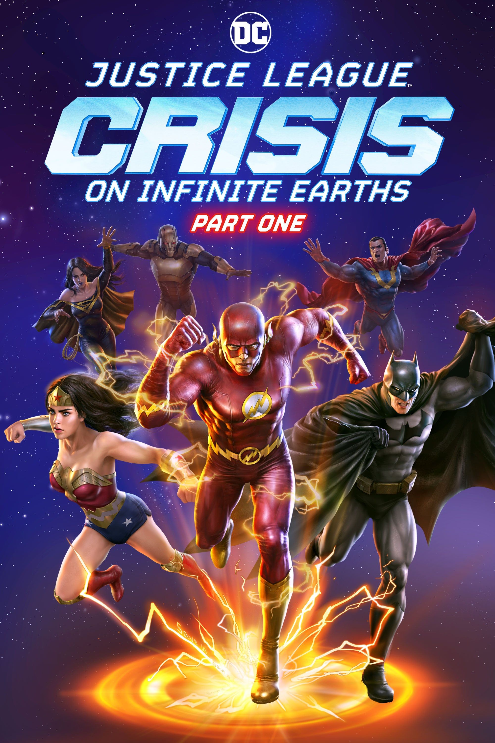 Wonder Woman, Flash, Batman, Superman, Supergirl/Harbinger and Amazo on the poster of Justice League- Crisis on Infinite Earths Part One