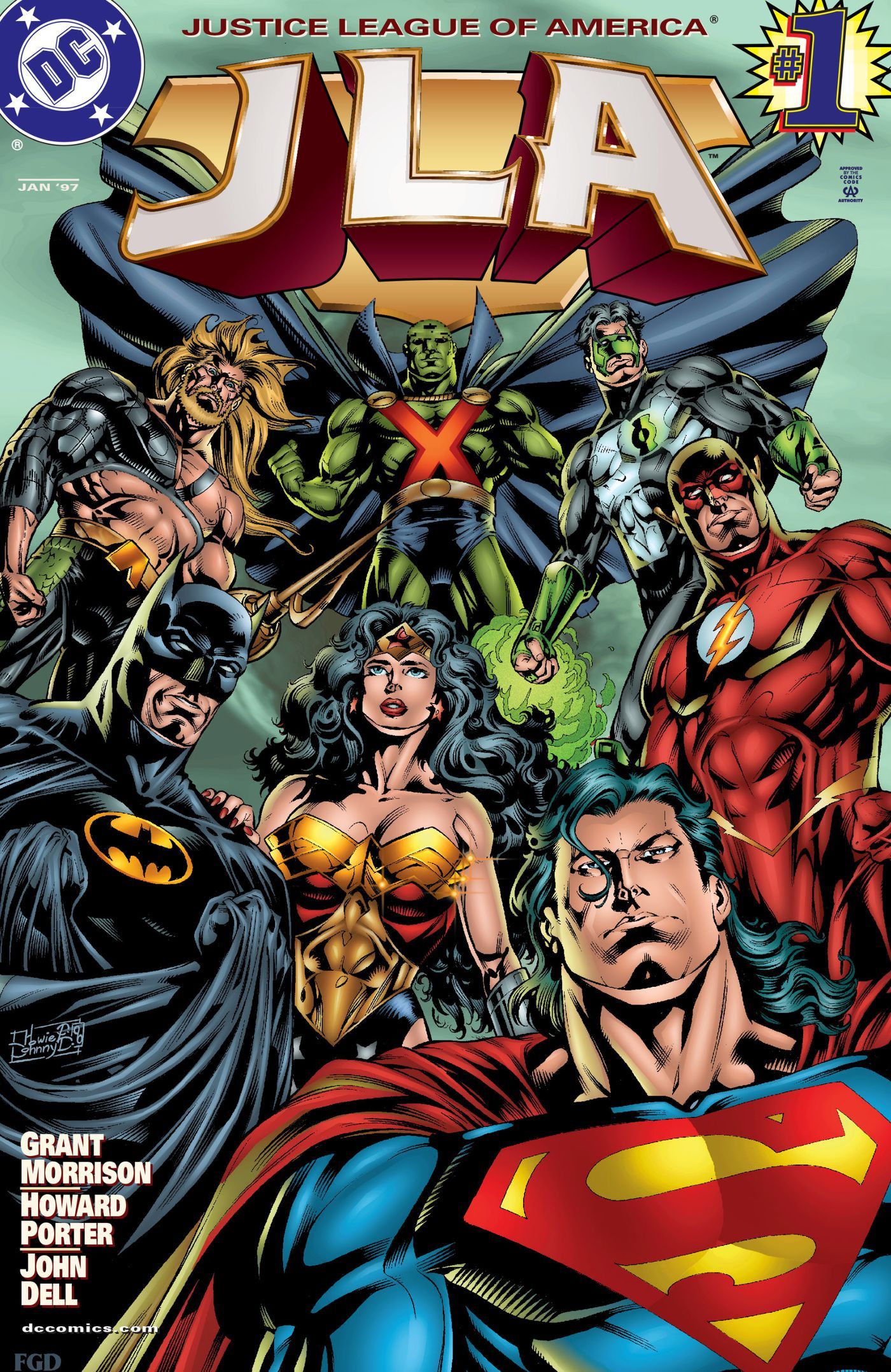 The Justice League poses together on the cover of Justice League of America 1