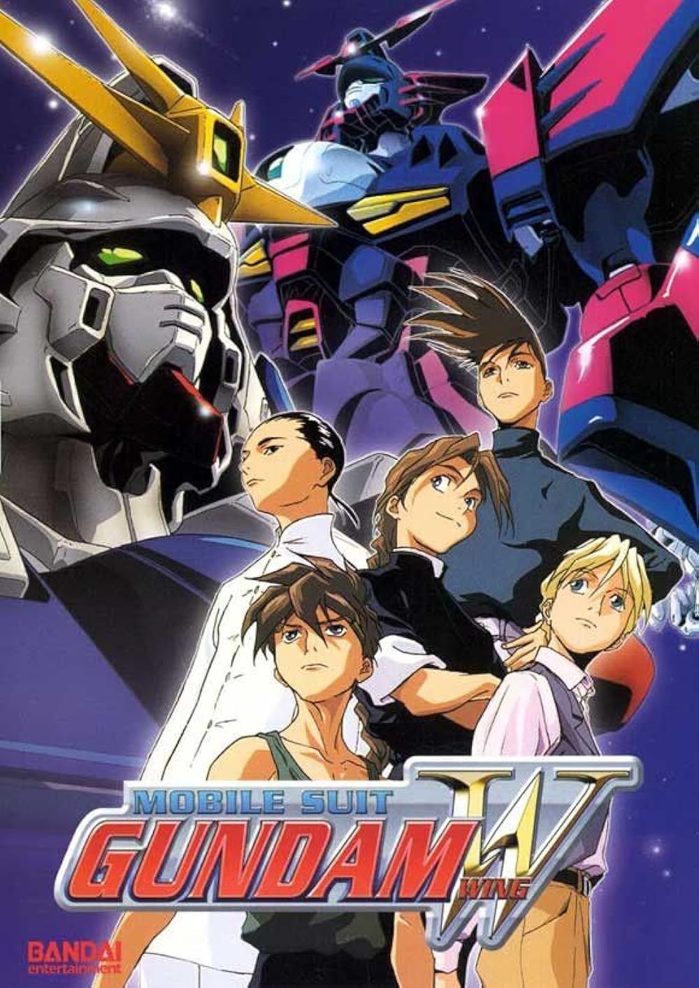 The main characters of Mobile Suit Gundam Wing against mecha robots on the poster of the series