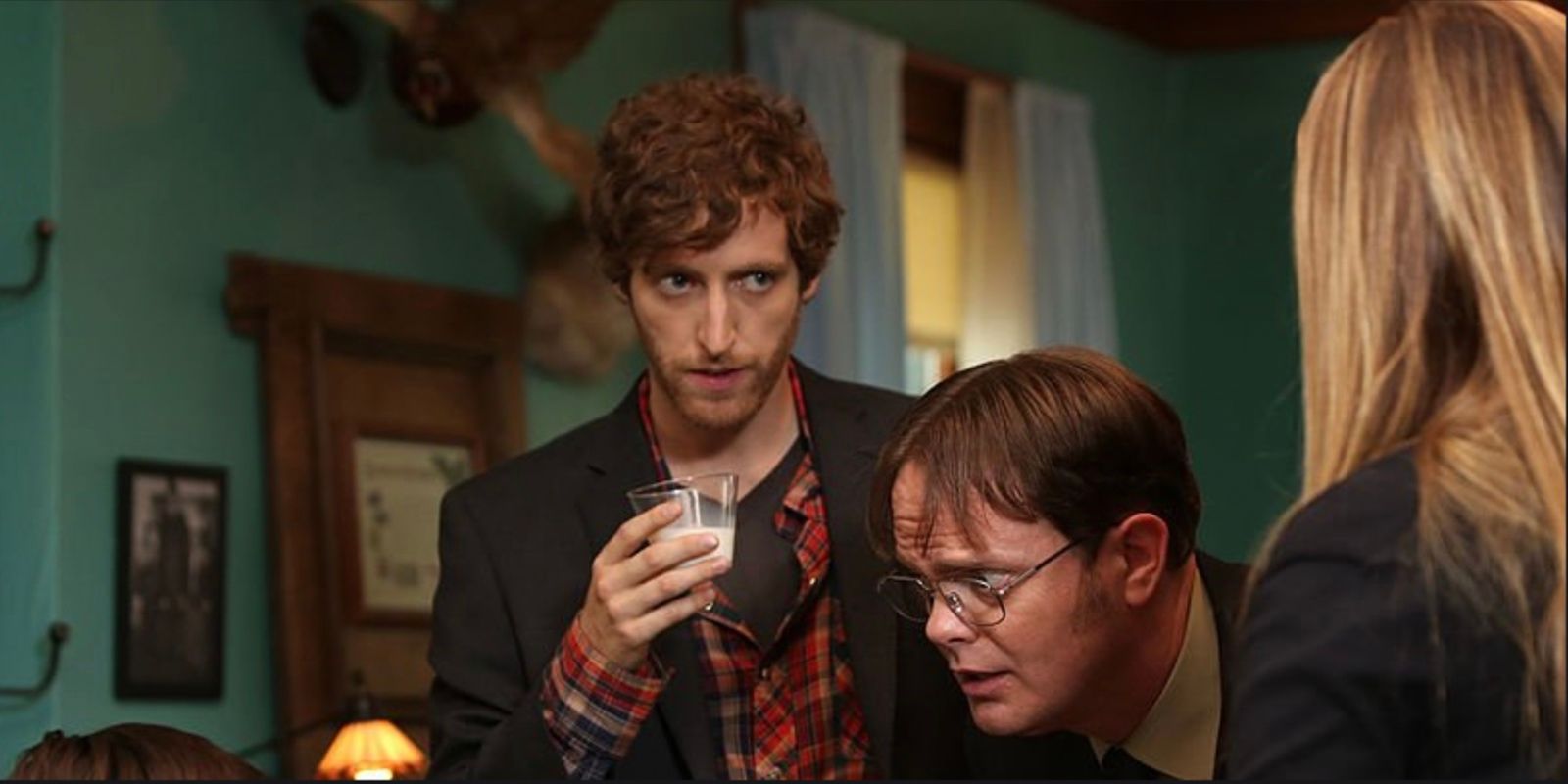 Thomas Middleditch's Jeb Schrute has a drink with Dwight in The Office.