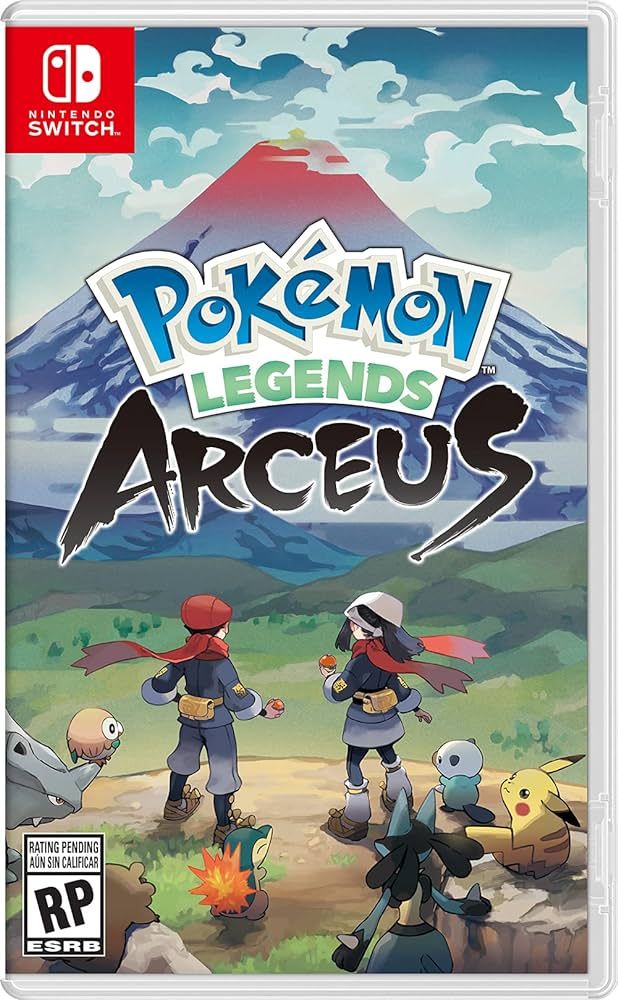 The Player Characters stand looking at a mountain with multiple Pokemon on the cover of Pokemon Legends Arceus