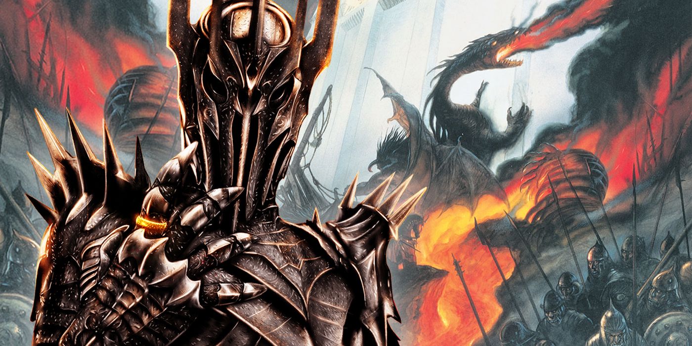 Sauron from Lord of the Rings with dragons and Balrogs and warring armies from the cover of The Silmarillion in the background