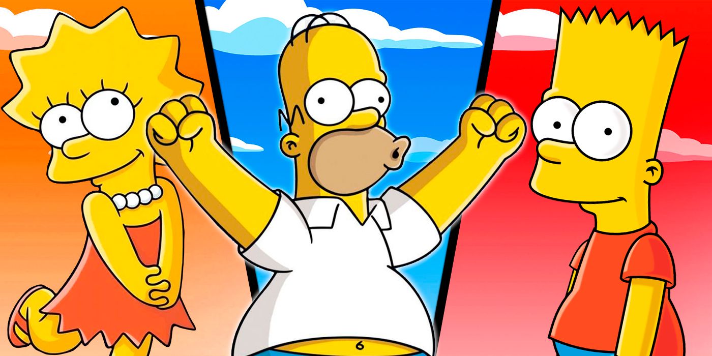 A split image showcasing The Simpsons' Homer, Lisa and Bart with clouds behind them