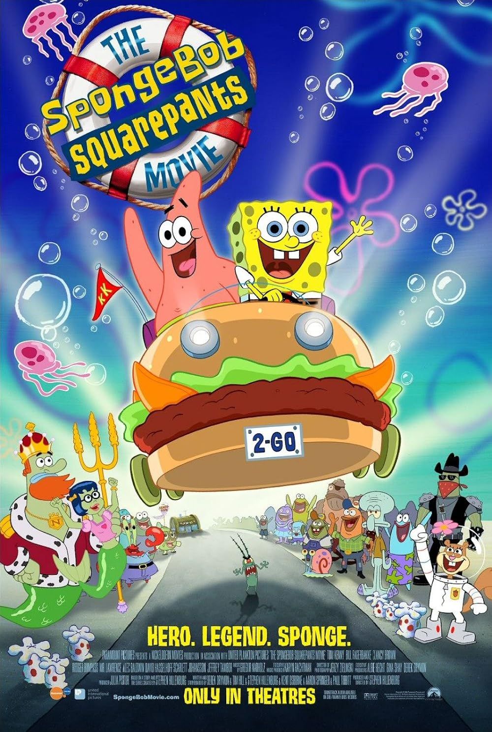 Patrick and SpongeBob ride in a car as the rest of the cast watches in The SpongeBob Squarepants Movie Poster