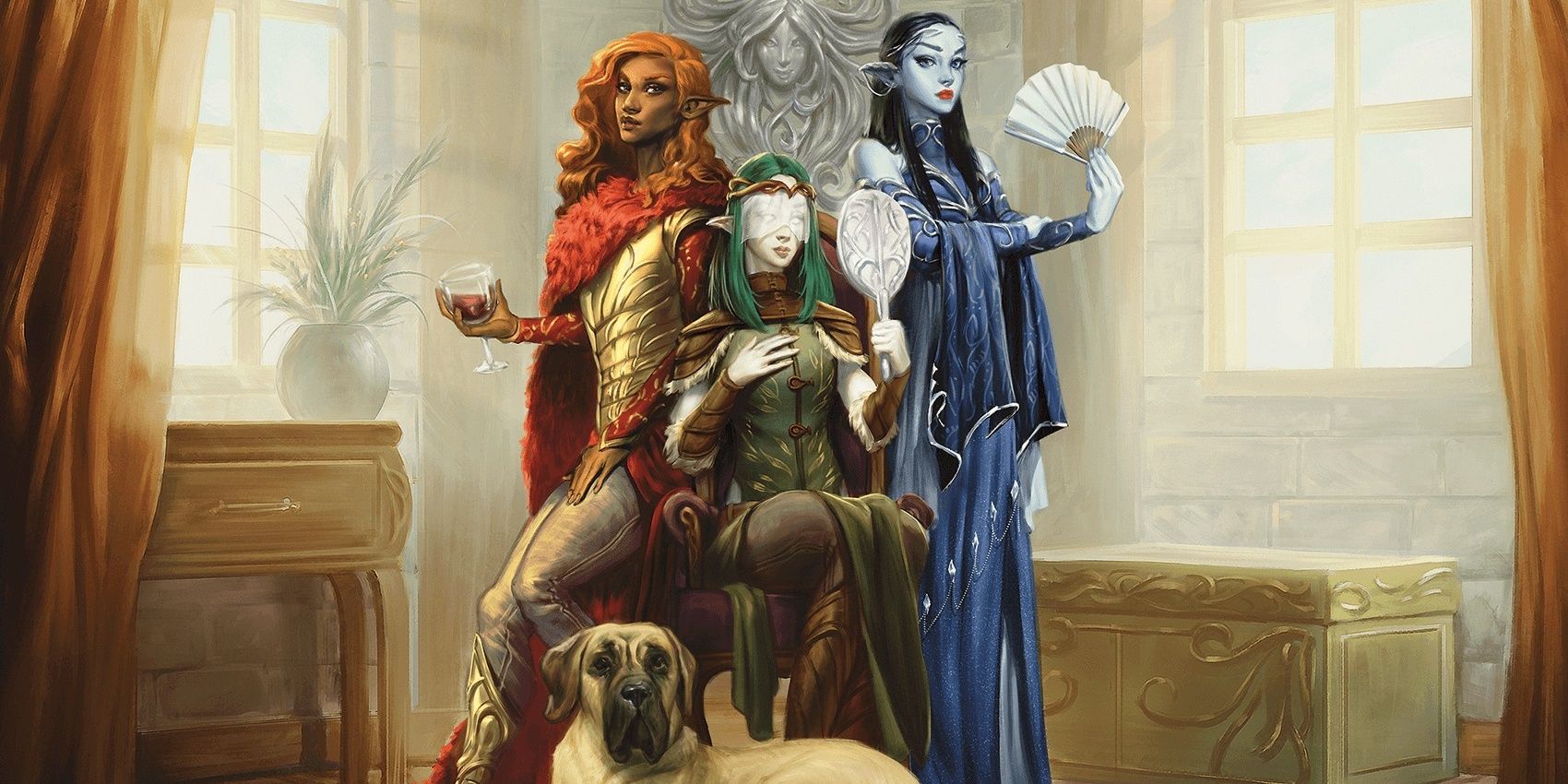 three disguised hags as elves and their pet dog in candlekeep mysteries