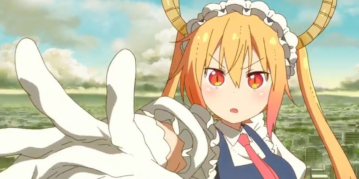Tohru the Dragon Maid stretching out her hand as her eyes glow orange-red