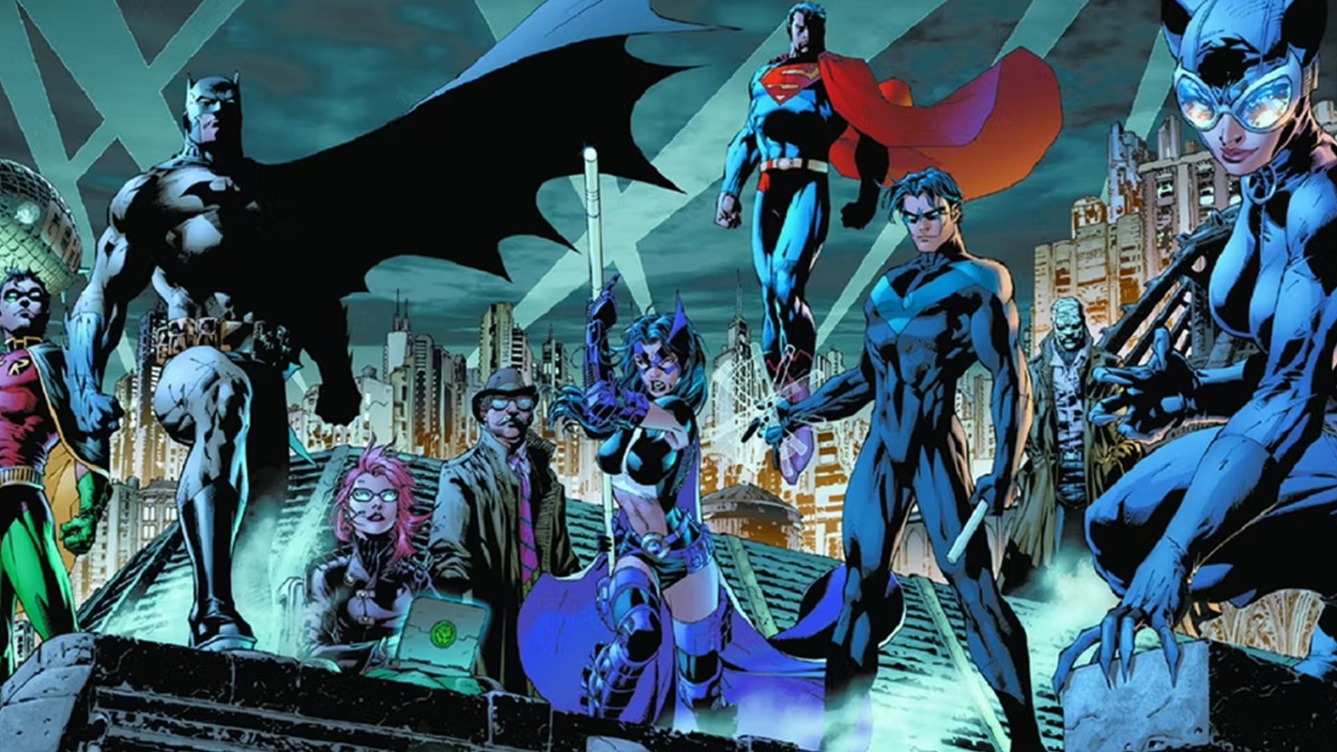 A comic panel of Batman, Superman, Nightwing, and their allies from DC Comics