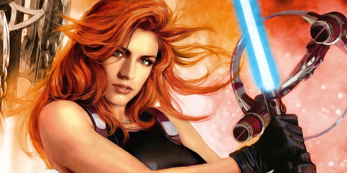 Mara Jade holding her lightsaber from in Star Wars.