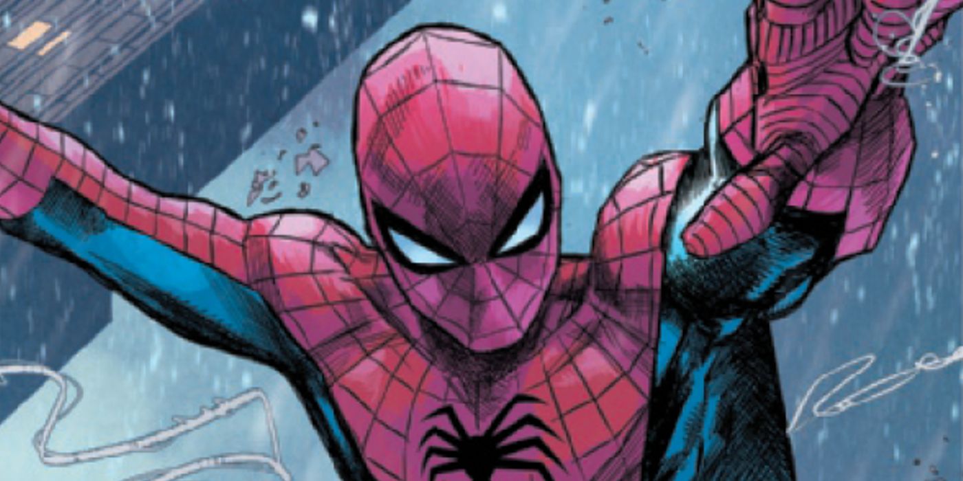 the current ultimate spider-man swinging through the rain in his red and blue suit