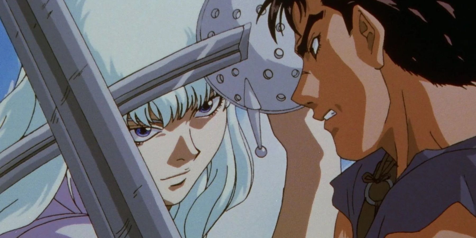 Giffith and Guts sword-fighting one another in the 1997 Berserk anime
