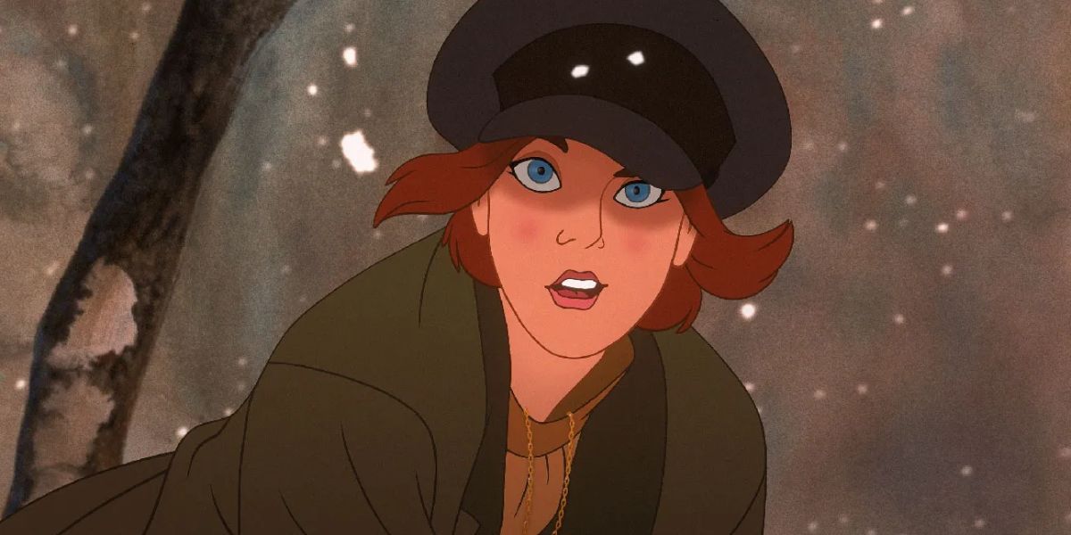 Anastasia looking up from falling in the snow in Anastasia