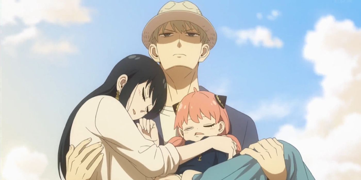 A disgruntled Loid carries Yor and Anya who are asleep in Spy x Family