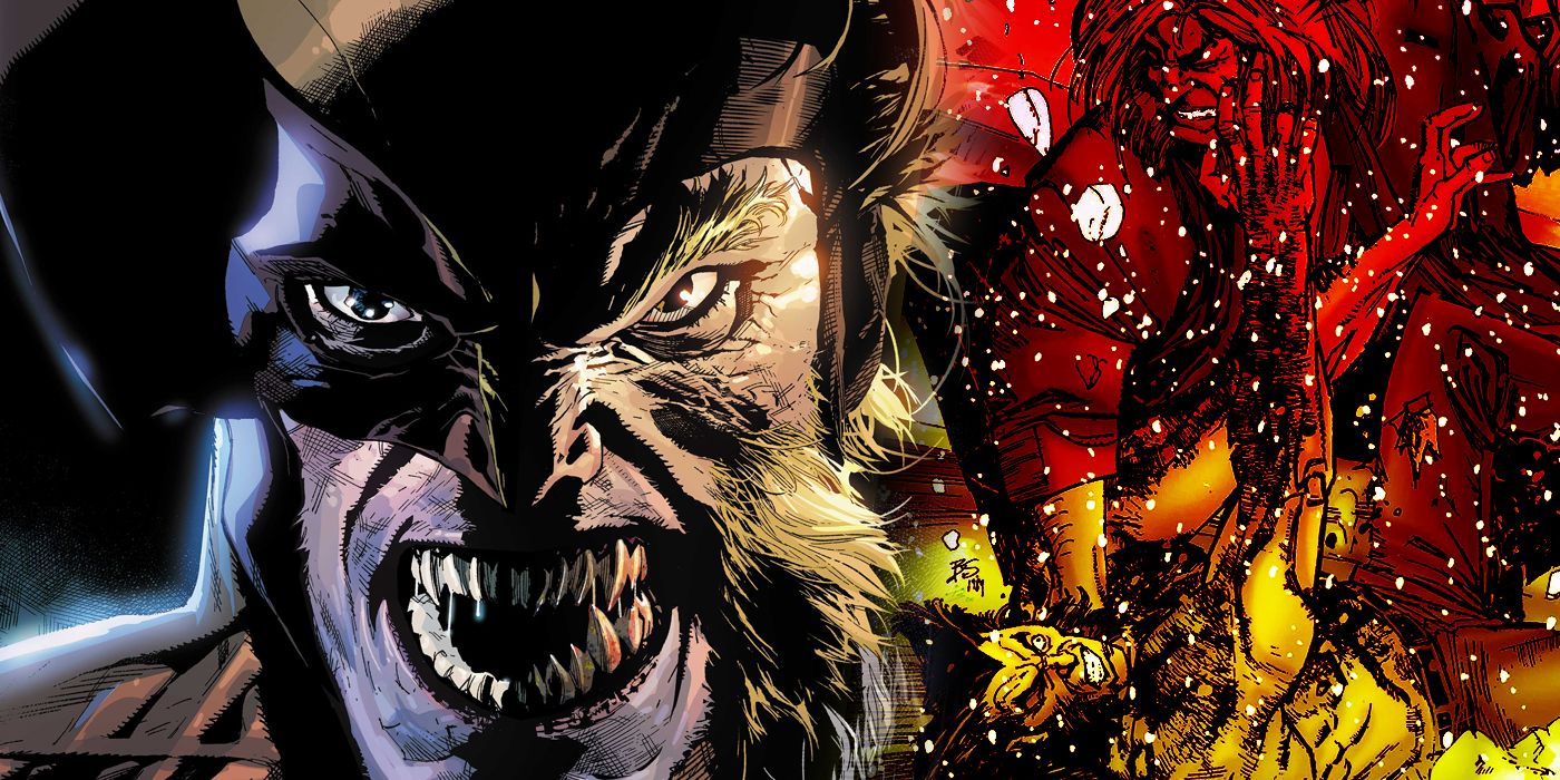 Os rostos mesclados de Wolverine e Dentes de Sabre com sua briga de primeiro aniversário ao fundo da Marvel Comics