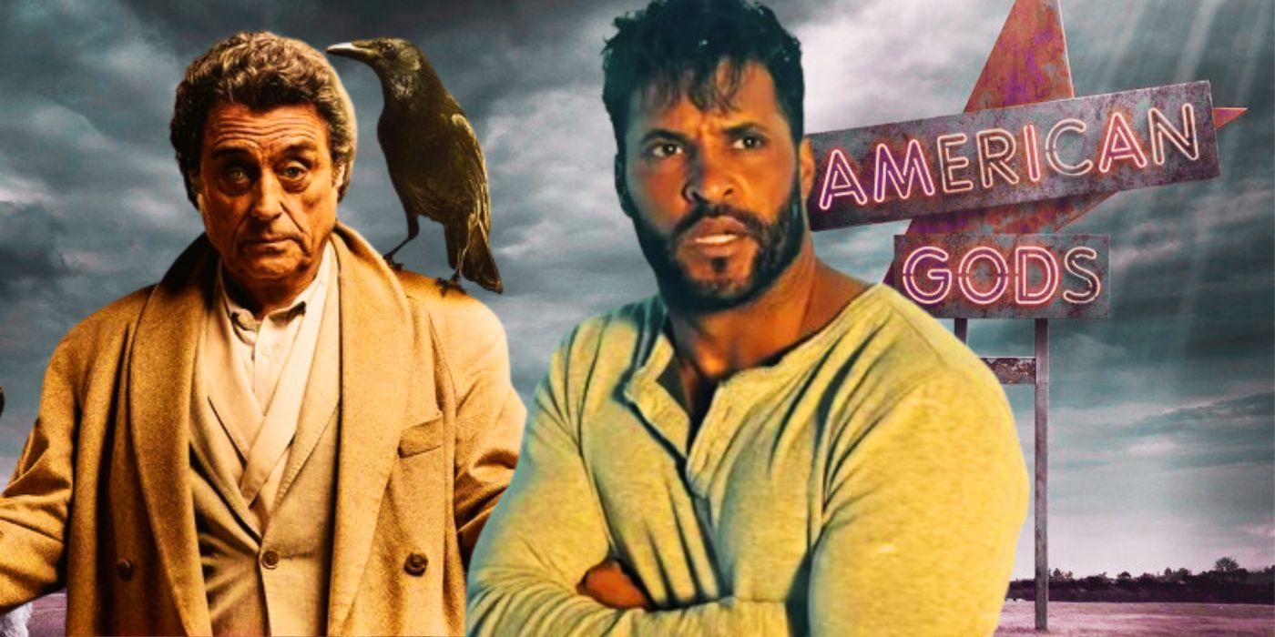 Shadow Moon and Mr. Wednesday in front of a promo image for American Gods.