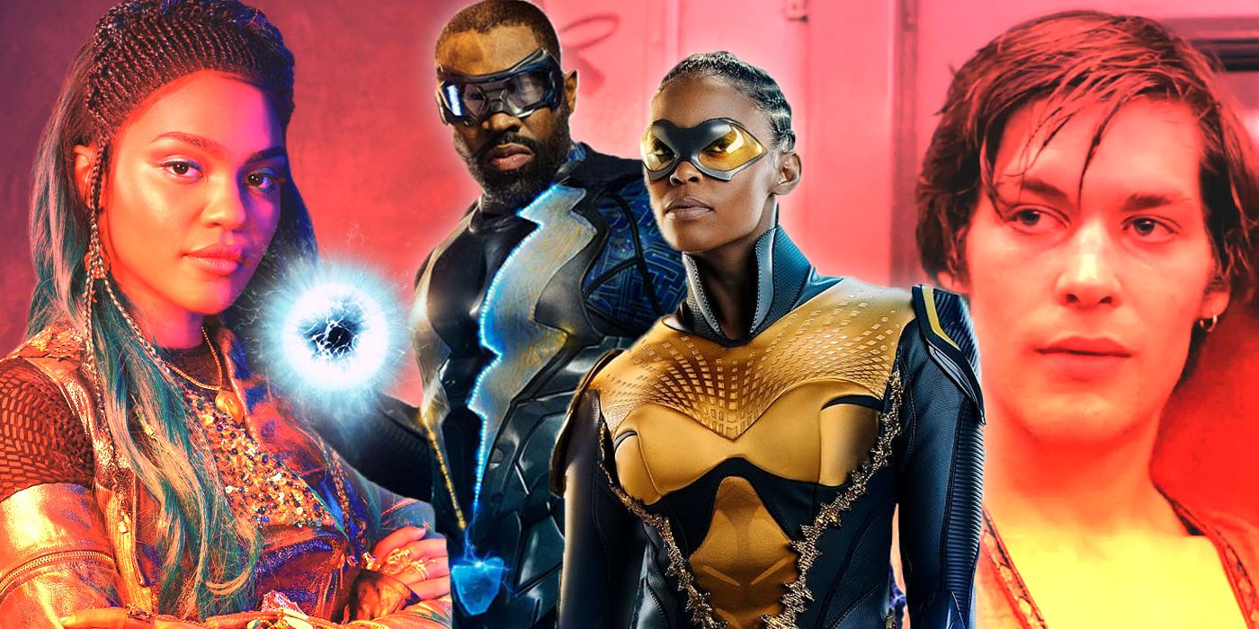 Split image of Black Lightning and Thunder with past roles of characters in the background