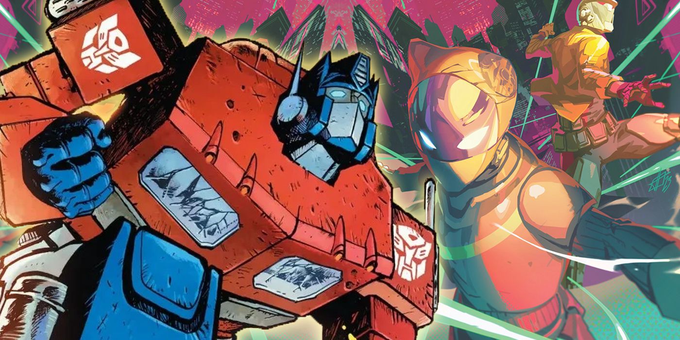 Optimus Prime with the cover to Void Rivals #6 in the background