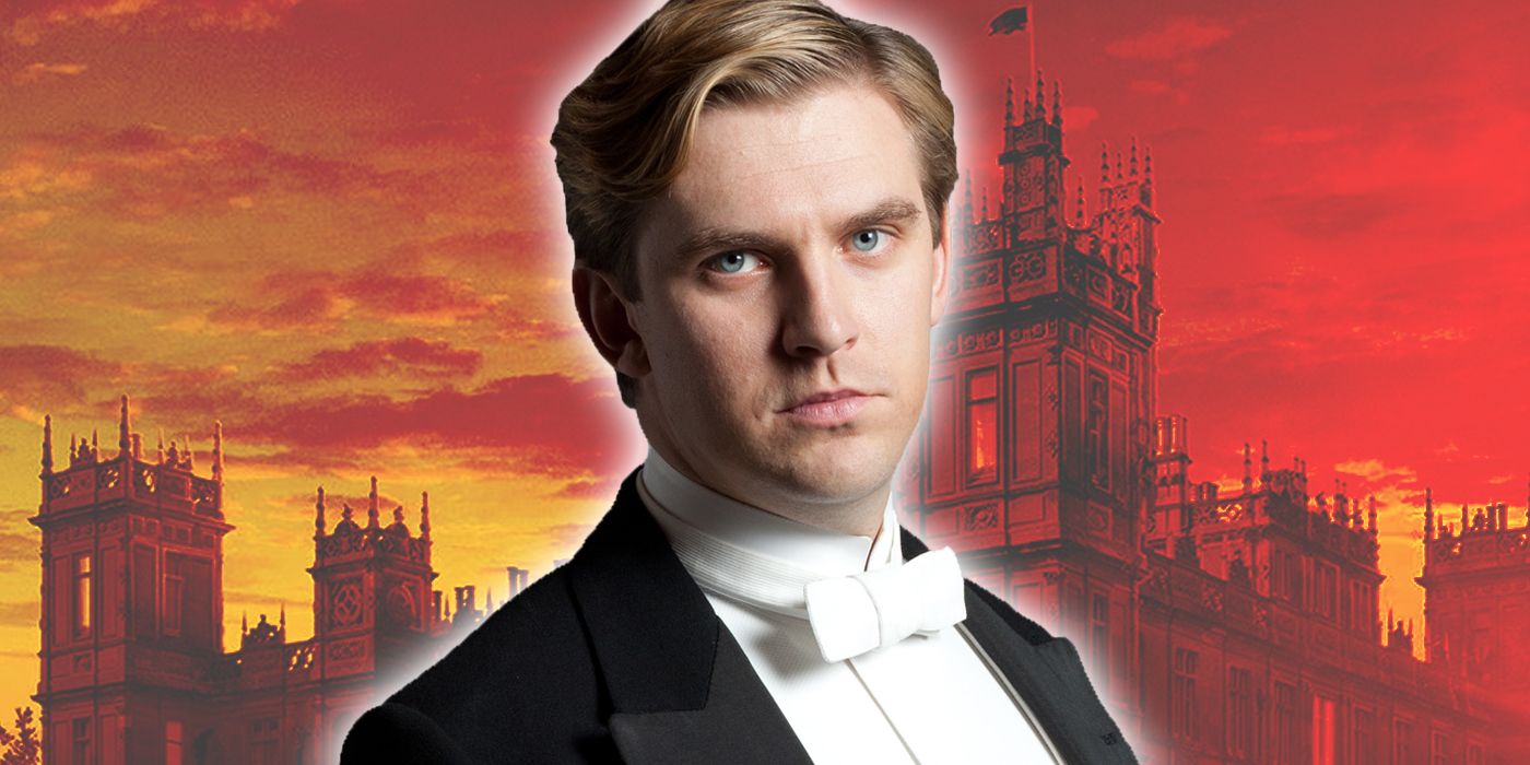 Dan Stevens as Matthew Crawley with Downton Abbey in the background