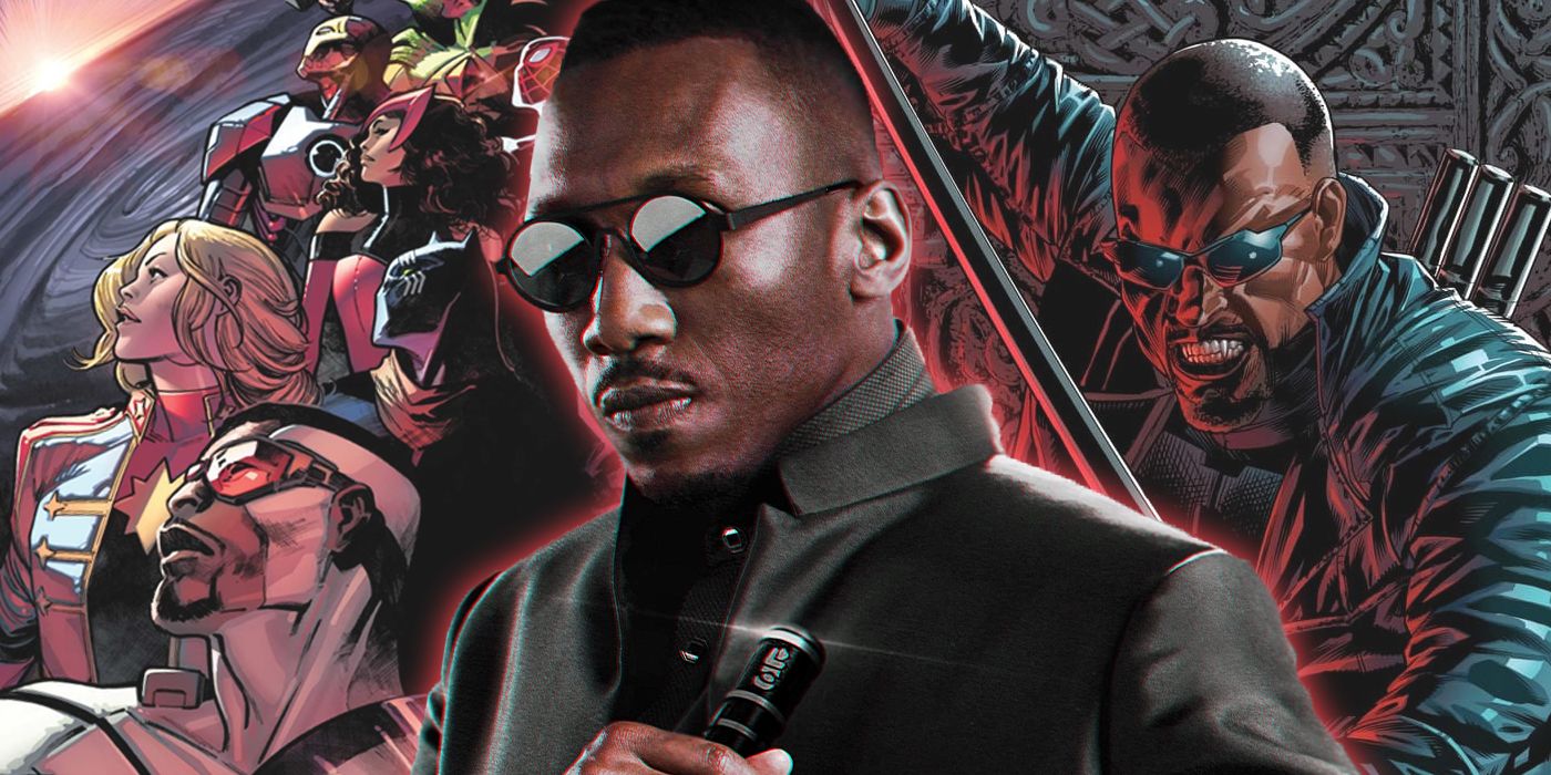 Mahershala Ali as Blade with the comic version and the cover to Marvel's Blood Hunt in the background