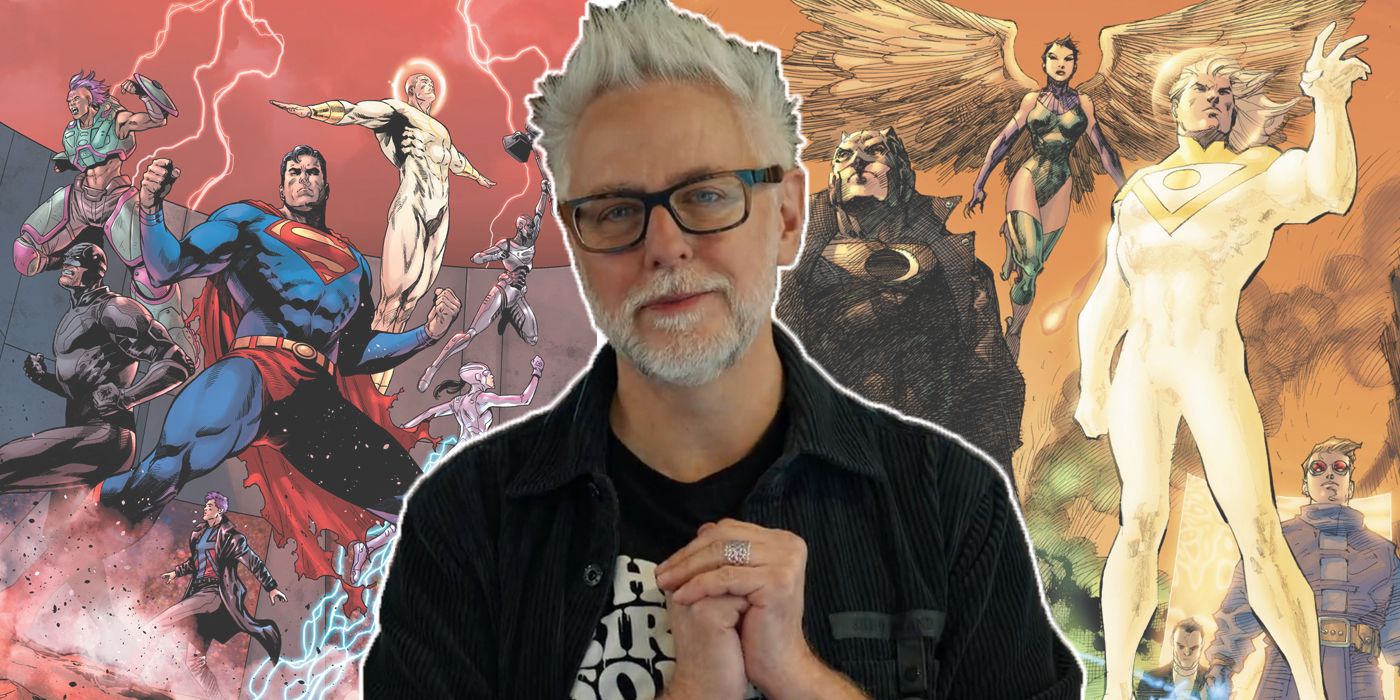 James Gunn with two comic versions of The Authority in action behind him