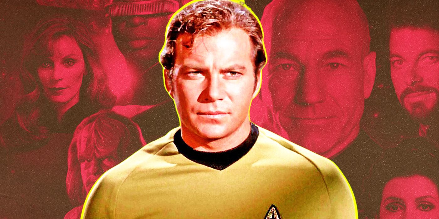 William Shatner as Captain James Kirk in front of the cast of Star Trek The Next Generation