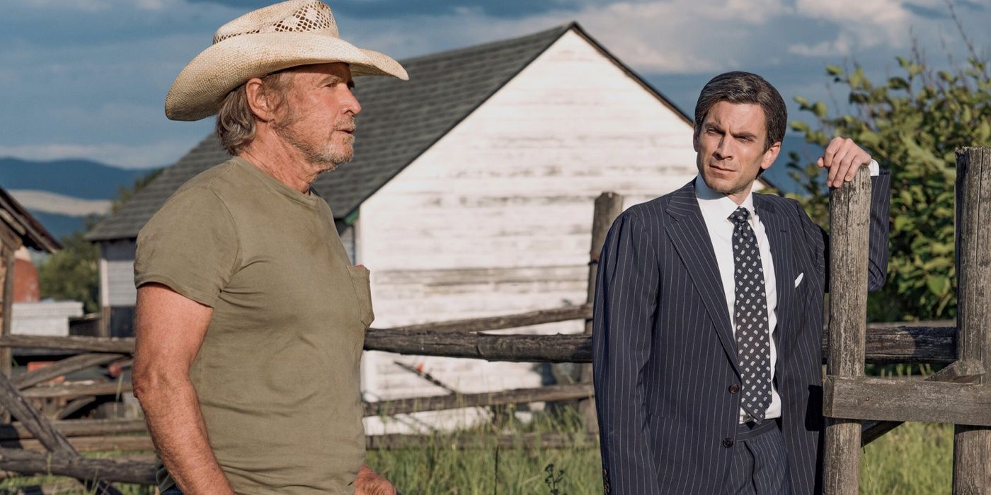 Garrett Randall and Jamie Dutton on a ranch on Yellowstone