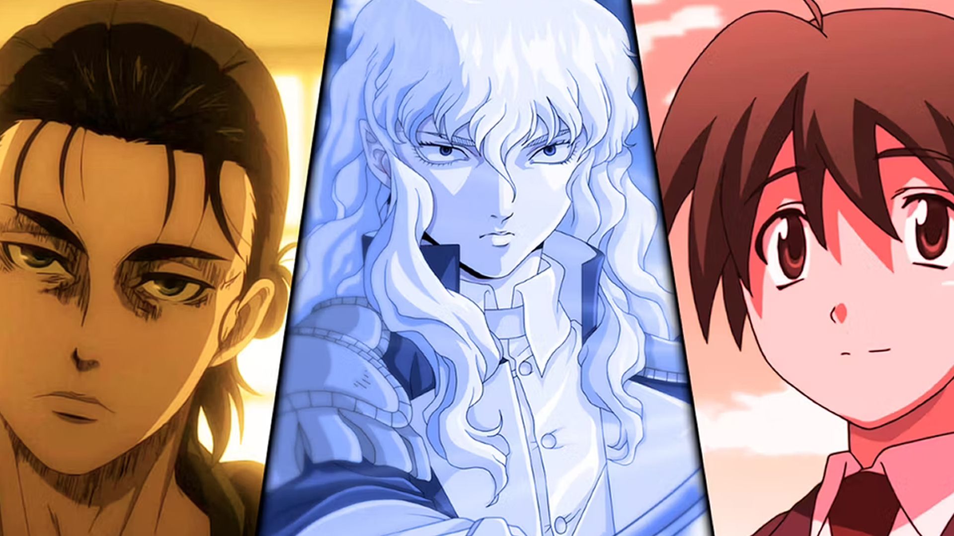 Eren from Attack on Titan, Griffith from Berserk, and Makoto Itou from School Days