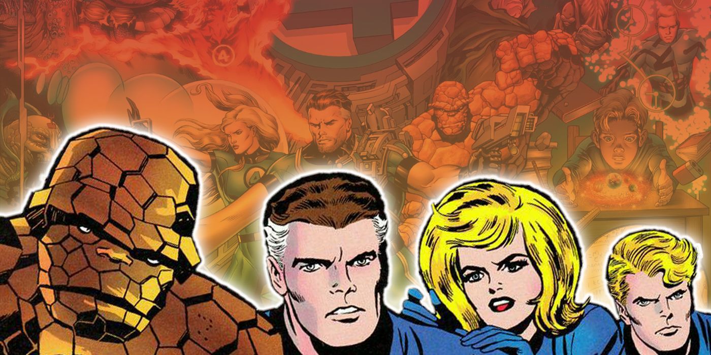 The classic Fantastic Four with the modern team in the background