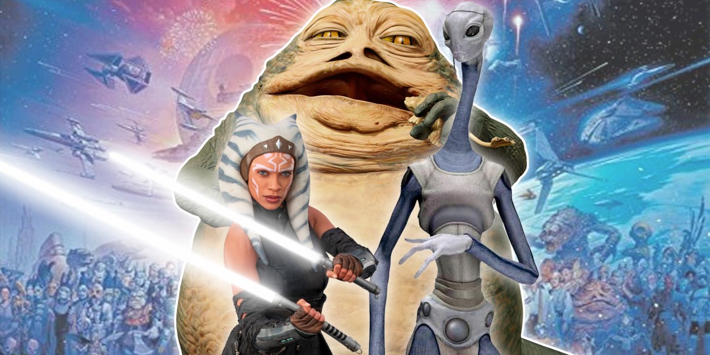 Jabba the Hutt, a Kaminoan cloner, and Ahsoka with the Star Wars universe in the background
