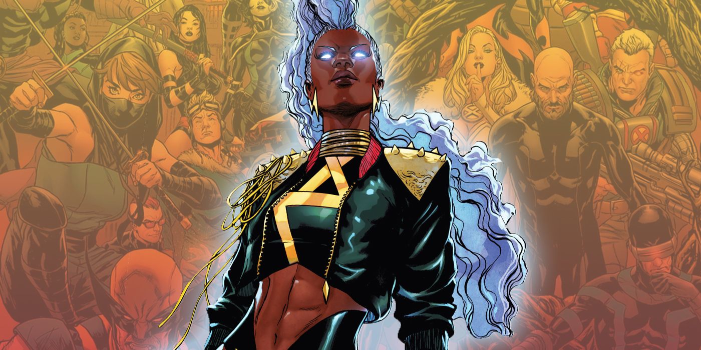 Storm from X-Men Red with a promo for the Fall of X in the background