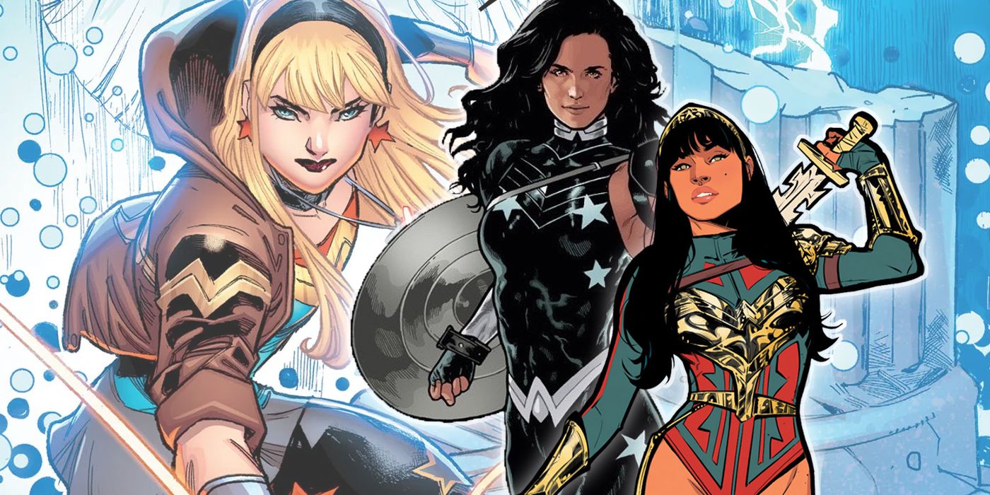 Split image of Cassie Sandsmark, Donna Troy and Yara Flor as Wonder Girl from DC Comics