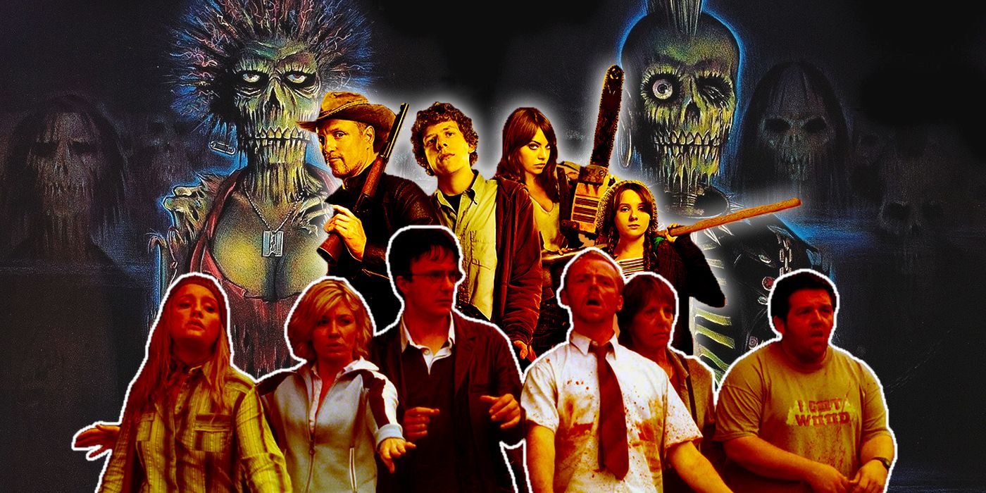 Cast of ``Shaun of the Dead'' and ``Zombieland'' and poster of ``Return of the Living Dead''