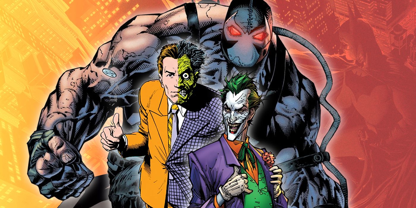 Bane, Two-Face, and Joker with Batman looking over Gotham City in the background